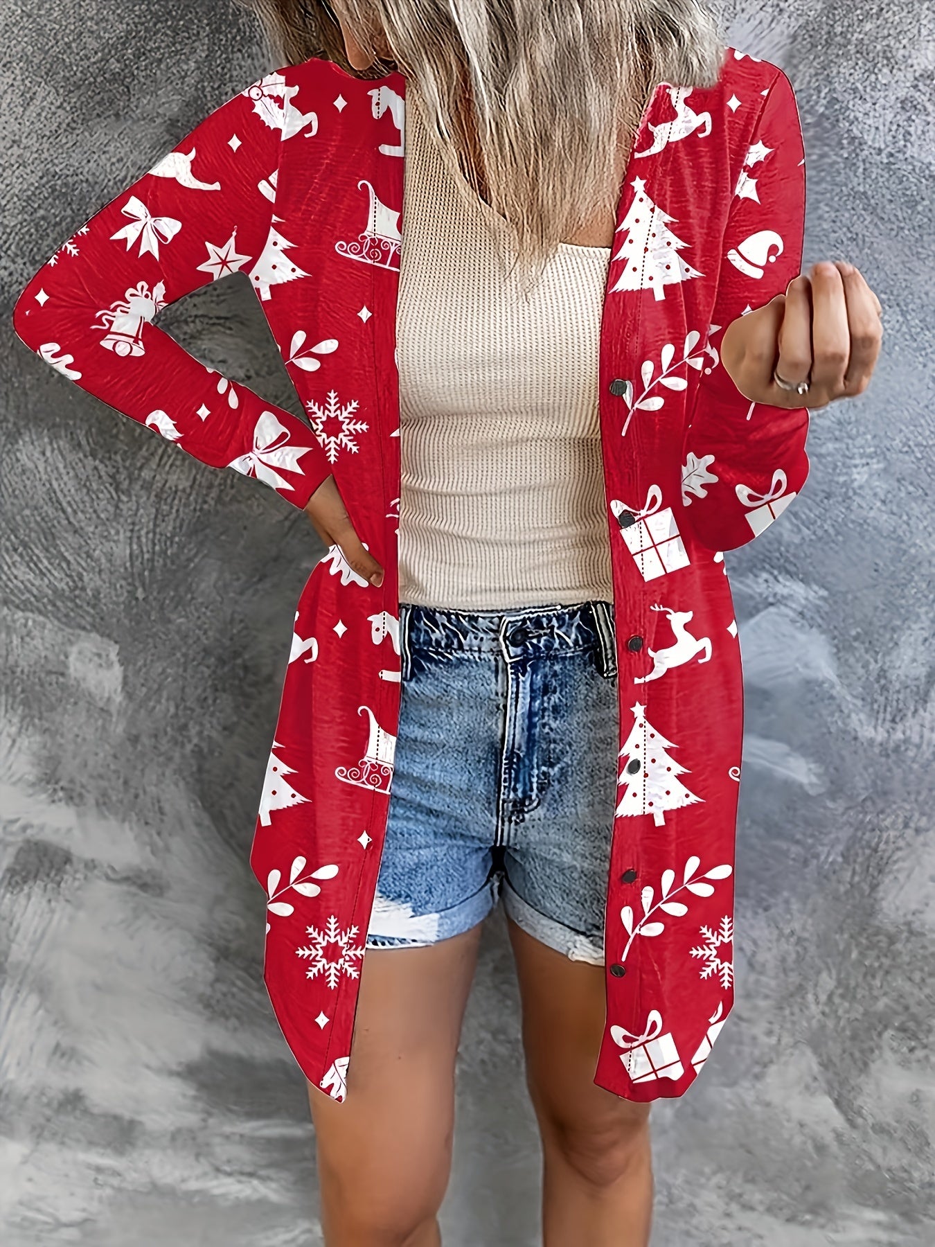  Christmas Casual Cardigan Women's Plus Graphic Print Long Sleeve
