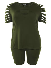 Women's Plus Solid Cut Out Tee & Biker Shorts Set