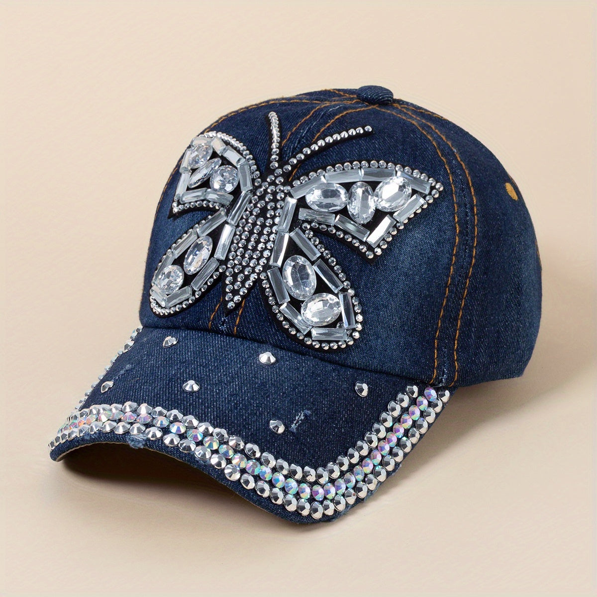 Denim Washed Baseball Cap Butterfly Feather Patch Distressed Casual Dad Hats