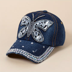 Denim Washed Baseball Cap Butterfly Feather Patch Distressed Casual Dad Hats