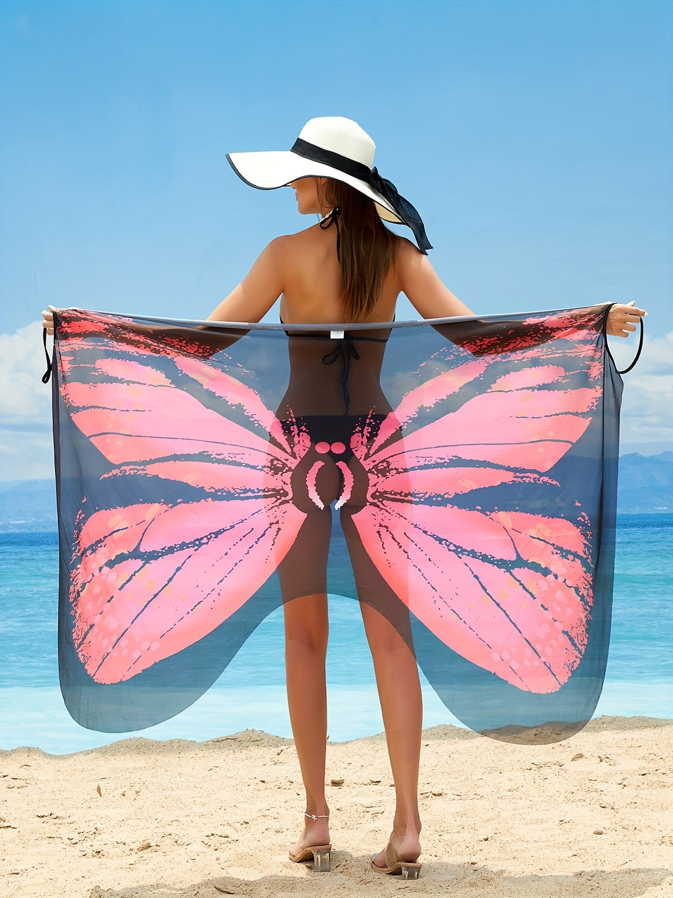 Pink Butterfly Print Sheer Cover Up V Neck Beach Dress