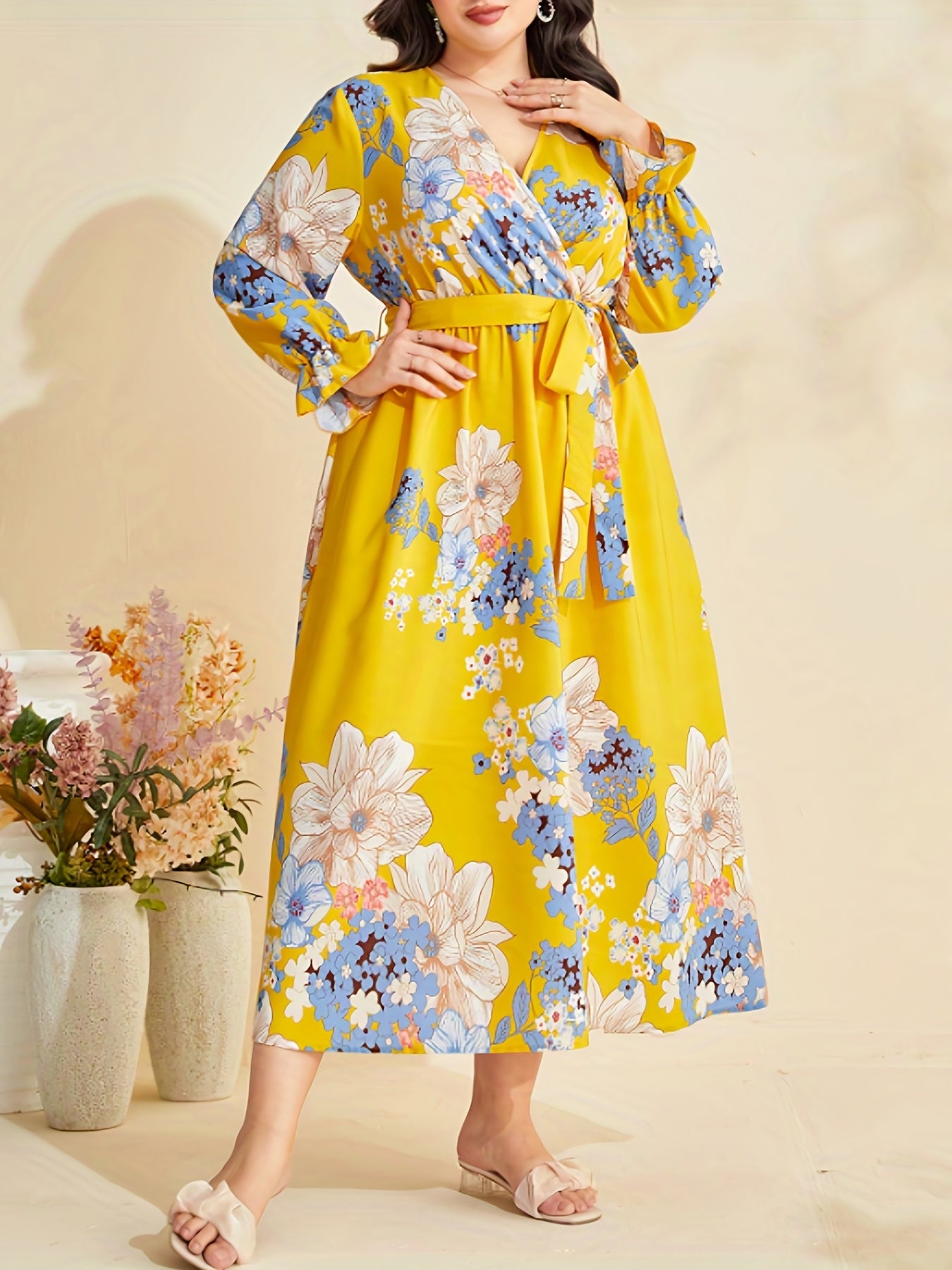  Floral Print Lantern Sleeve Dress With Belt