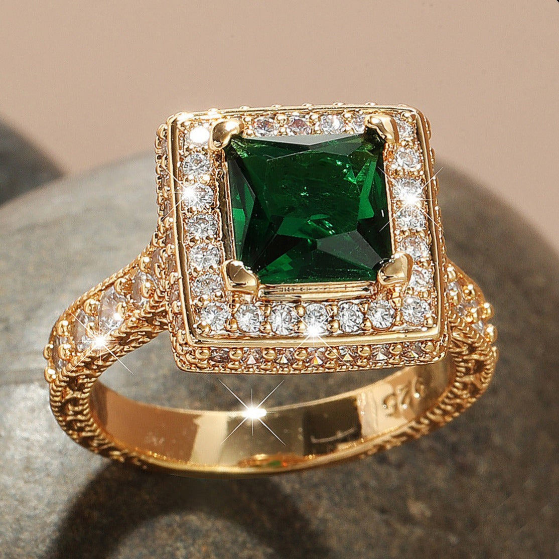 Emerald Glass Zircon Plated 18K Yellow Ring