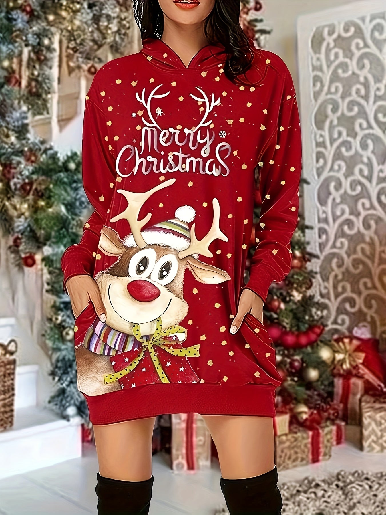  Christmas Casual Dress Women's Long Sleeve Hooded Dress With Pockets