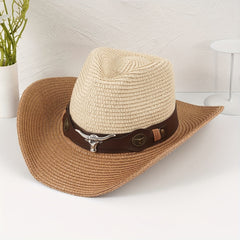 Vintage Bull Head Belt Cowboy Hat Straw Jazz Hat for Women & Men