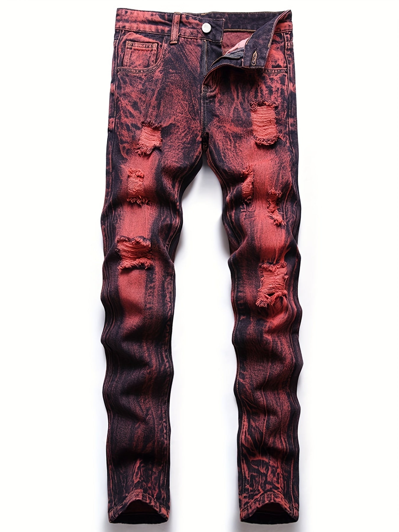 Vintage Tie Dye Slim Fit Ripped Jeans Men's Street Style Denim Pant