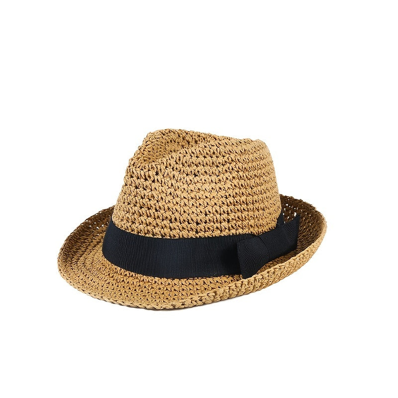 Curved Brim Brown Sun Hat Hollow Crochet Fedora Cap Women's