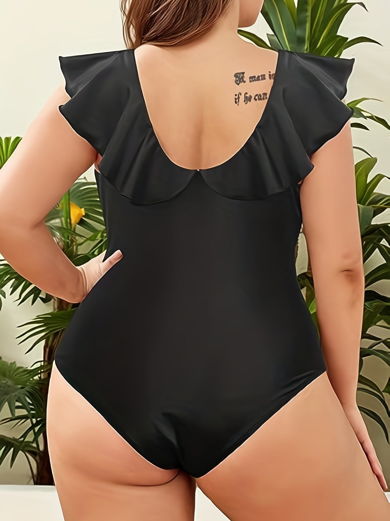  Solid Ruffle Trim One Piece Swimsuit Tummy Control Bathing Suit