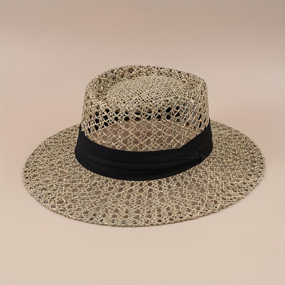 Flat Top Summer Sun Hat Hollow Straw Hat British Jazz Fedora Cap