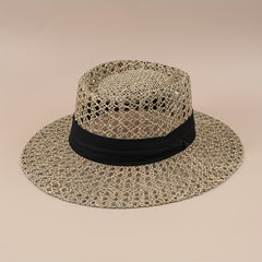 Flat Top Summer Sun Hat Hollow Straw Hat British Jazz Fedora Cap
