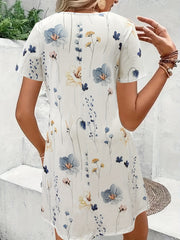  Floral Print Short Sleeve V Neck Dress