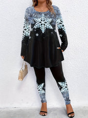 Women's Plus Snowflake Print Long Sleeve Top & Pants Set
