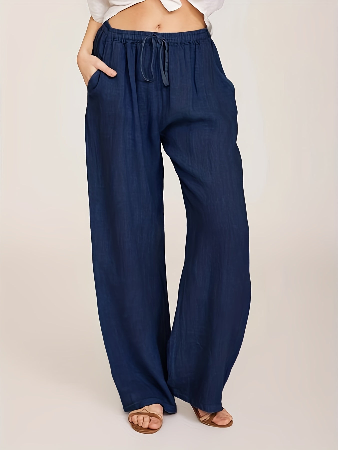  Solid Wide Leg Pants With Pockets