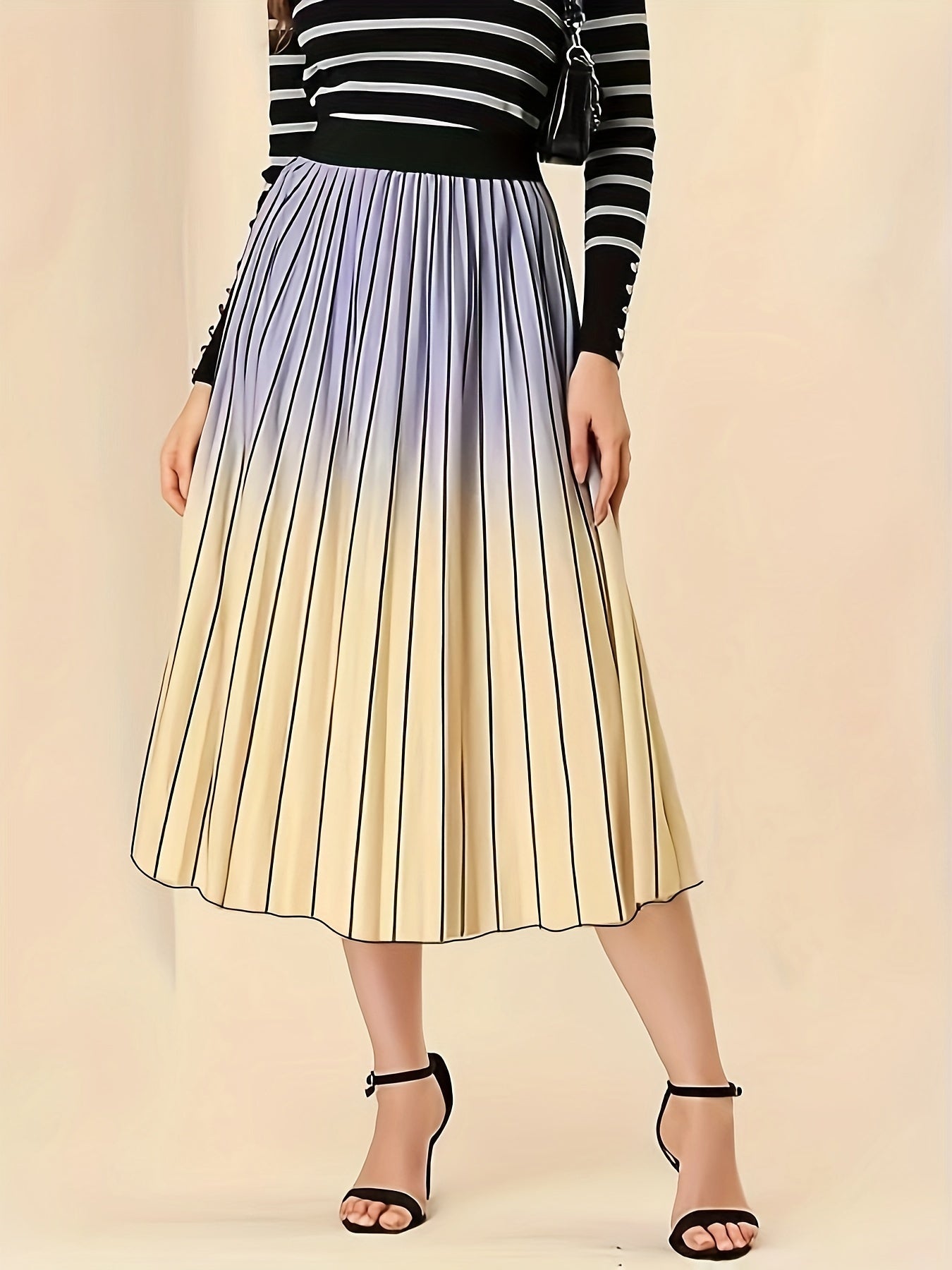 Ombre Print Elastic Waisted Pleated A line Skirt