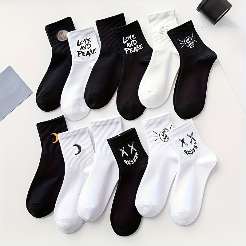 10 Pairs Letter & Moon Print Socks Breathable Women's Stockings