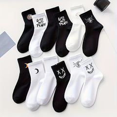 10 Pairs Letter & Moon Print Socks Breathable Women's Stockings