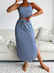 Striped Print Lounge Set Crew Neck Cami Top & Split Skirt Women's Loungewear