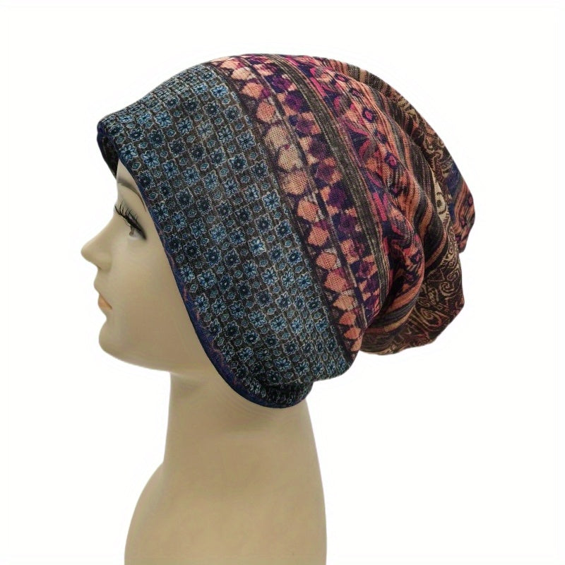 Boho Geometric Print Beanie Cap Vintage Skull Hat Lightweight Neck Gaiter