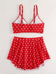  Polka Dot Print Tie Front Bra & Pleated Skort Swimsuit Set