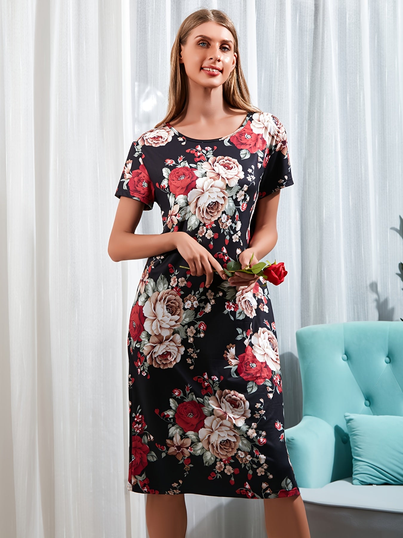 Floral Lounge Dress Short Sleeve Comfy Crew Neck Women's Loungewear