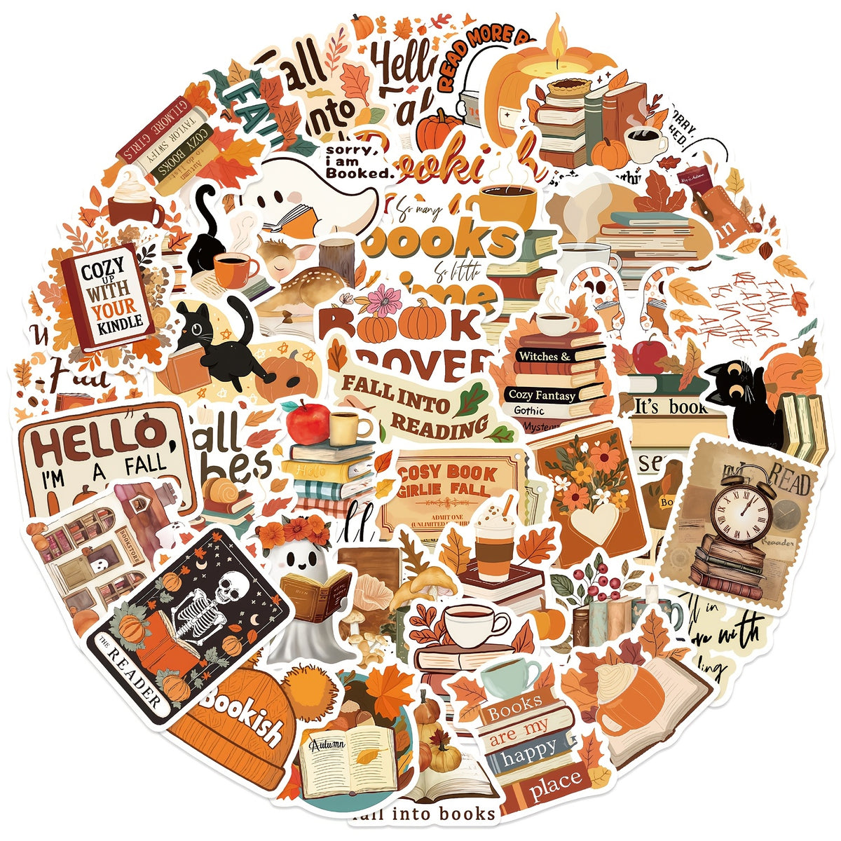 50pcs Bookish Fall Stickers Cartoon Book Nerd Decals Adhesive Paper Stick