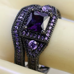 2pcs Silver Plated Purple Zircon Engagement Wedding Ring Set