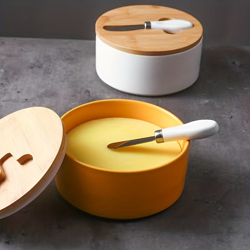 Large Capacity Ceramic Butter Box with Bamboo Lid