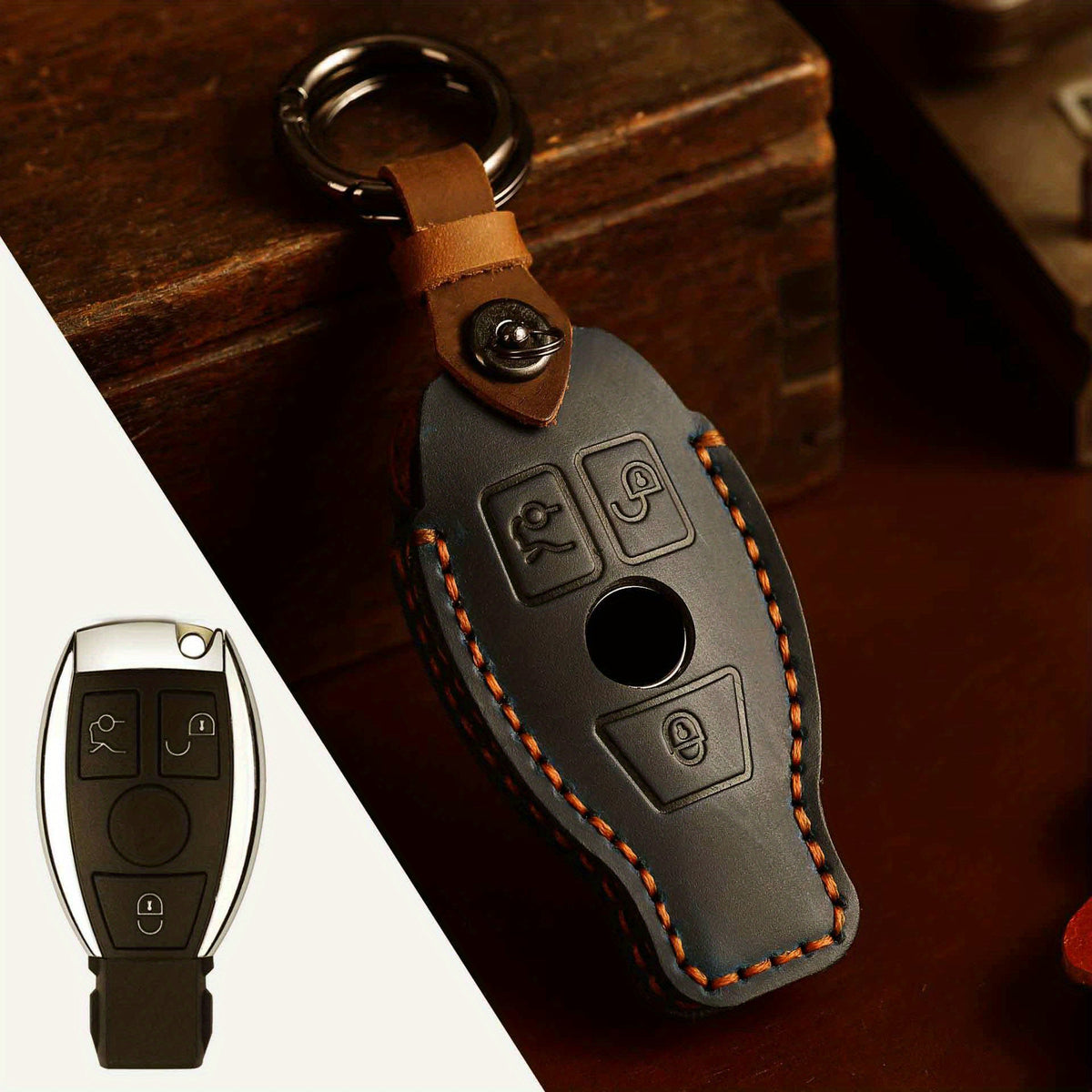 Benz First Layer Leather Keychain Vintage Car Key Protective Case