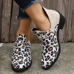 Leopard Print Ankle Boots Pointed Toe Chunky Boots