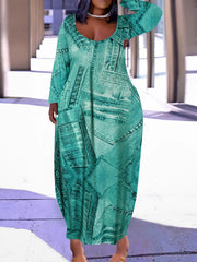  Denim Print Maxi Dress Long Sleeve Round Neck