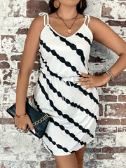  Women's Stripe Print Tie Shoulder Round Neck Cami Dress