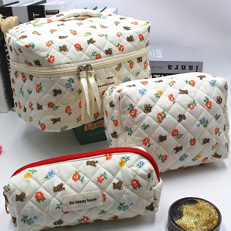 Bear Flower Cosmetic Bag Large Capacity Portable Travel Washing Bag