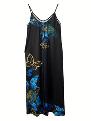  Butterfly Print V Neck Wide Leg Jumpsuit