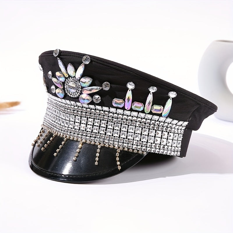 Rhinestone Decor Captain Hat Music Hats Sequin Military Hat Steampunk Headwear