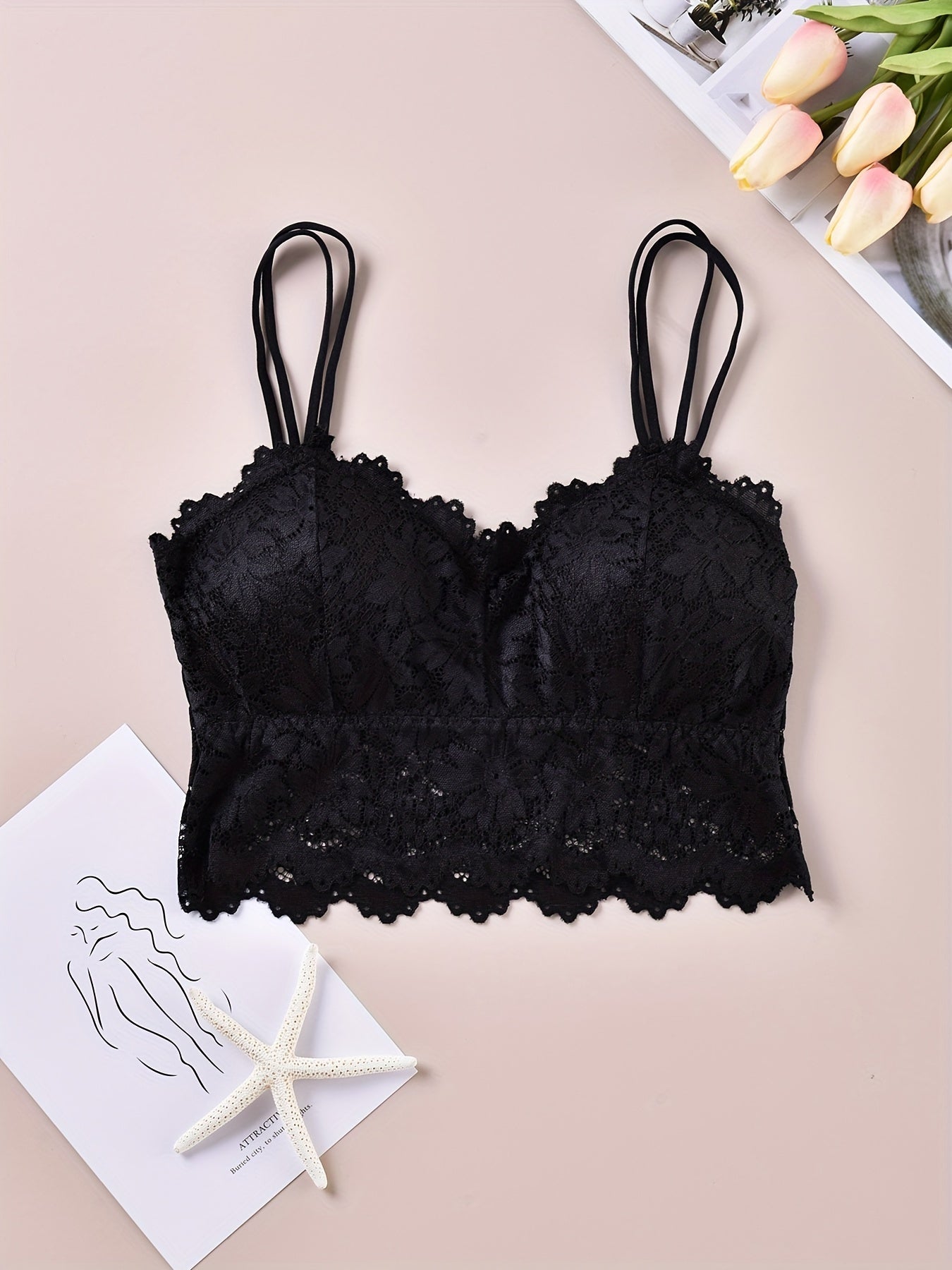 3pcs Lace Wireless Bras Scallop Trim Lingerie