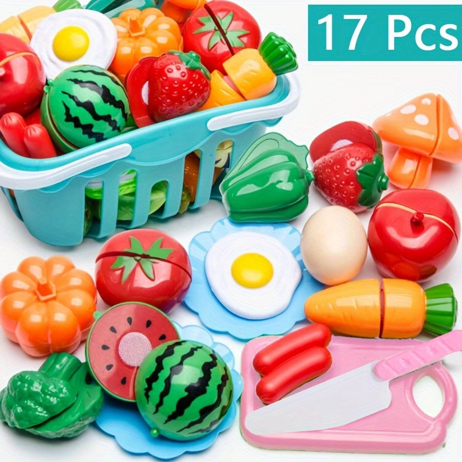 17-Pcs Kids Cutting Pretend Play Kitchen Set with Food Basket for Boys Girls