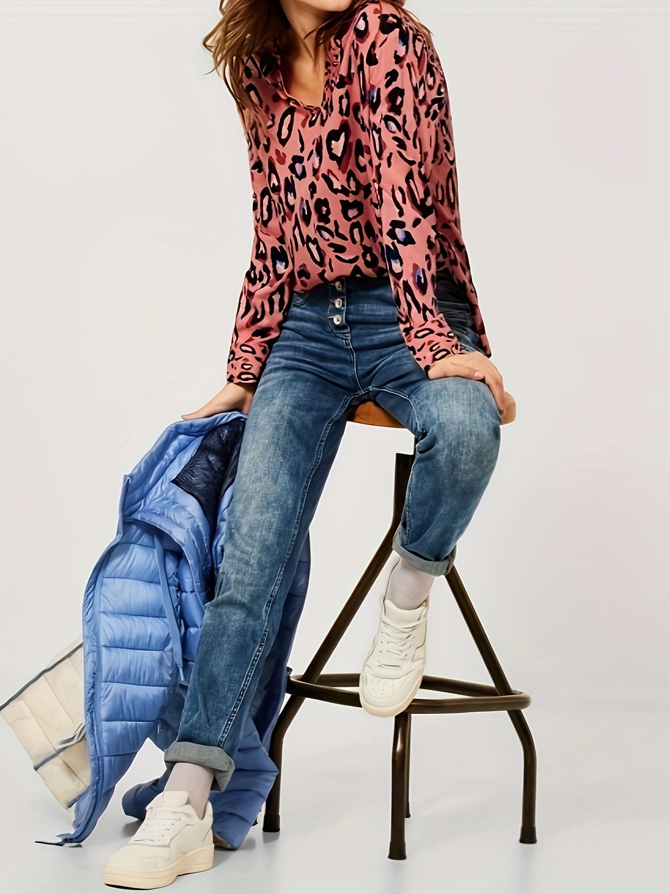  Leopard Print Notched Neck Top
