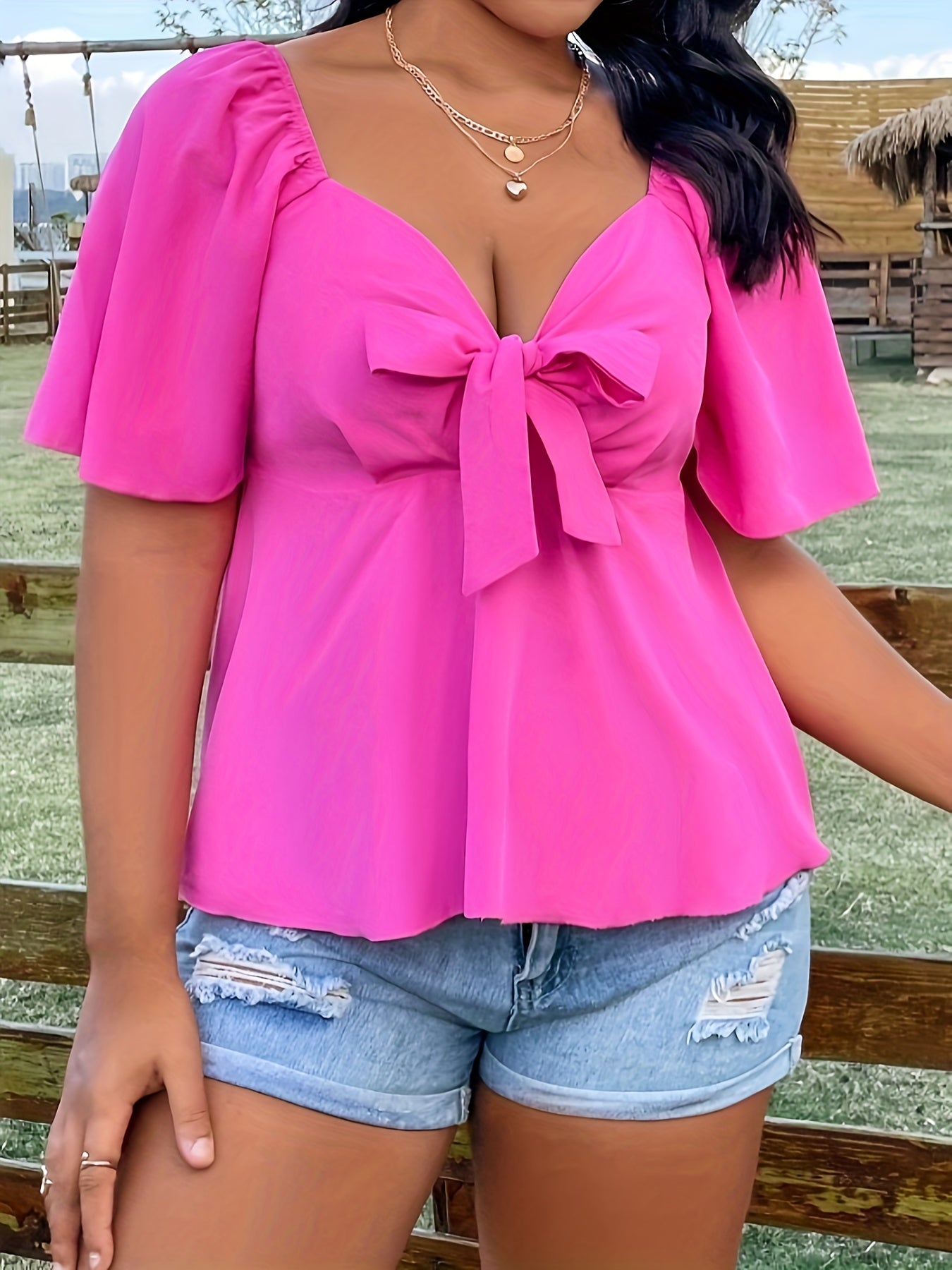 Casual Blouse Women's Plus Solid Short Sleeve Sweetheart Neck Knot Top