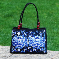 Floral Embroidered Handbag Zipper Canvas Bag Women's Purses