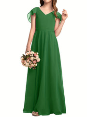 Girls Flounce Sleeve V Neck Bridesmaid Dress For Wedding