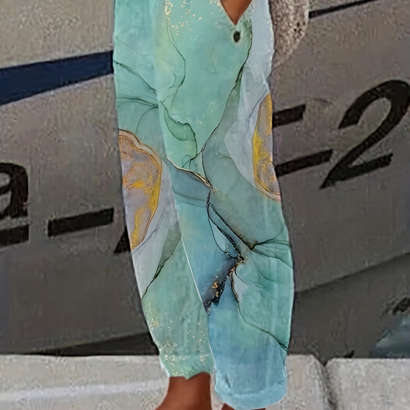 Marble Print Elastic Waist Pants Long Length
