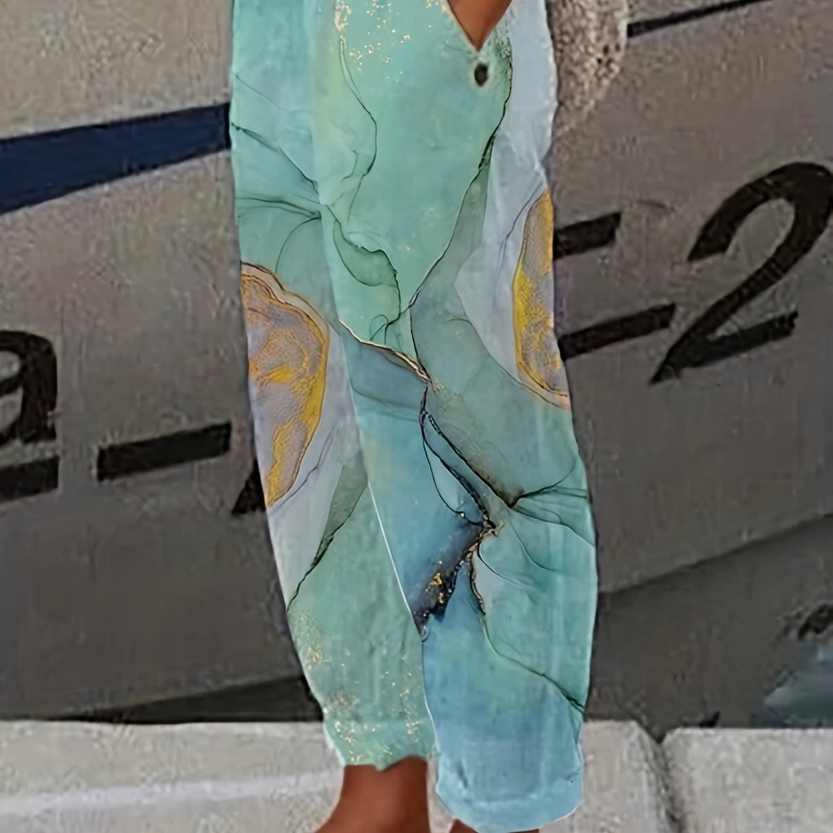 Marble Print Elastic Waist Pants Long Length