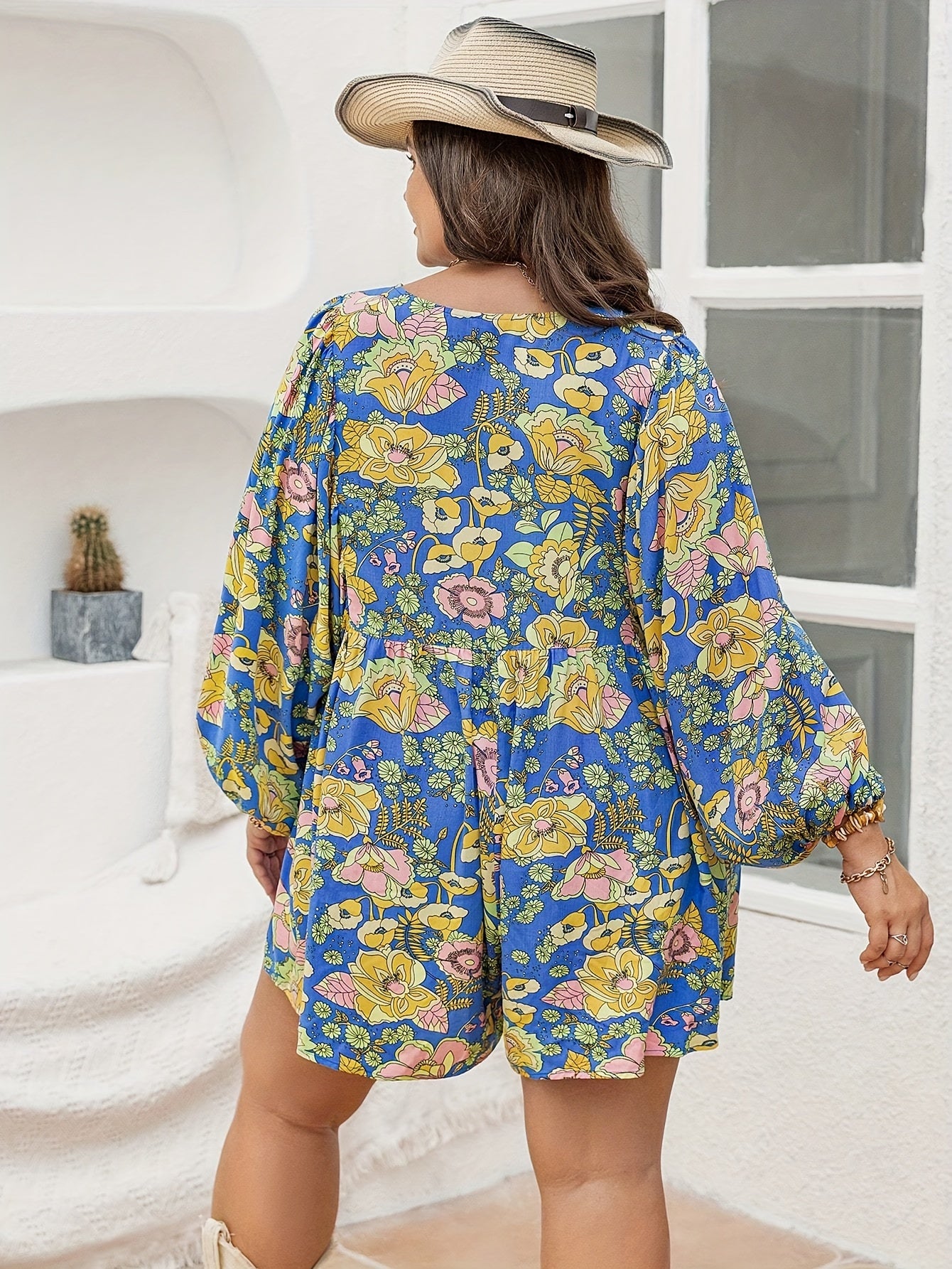  Floral Print Button Up Lantern Sleeve Romper