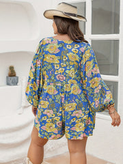  Floral Print Button Up Lantern Sleeve Romper
