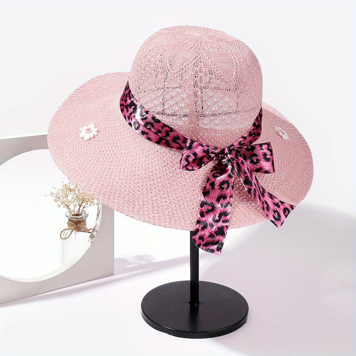 Daisy Embroidery Sun Hat Leopard Ribbon Bow
