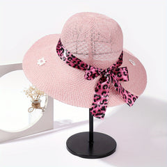 Daisy Embroidery Sun Hat Leopard Ribbon Bow