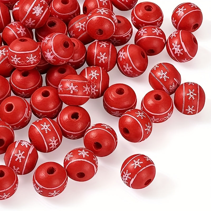 40Pcs Christmas Wood Beads 16mm Red Snowflake Pattern Wooden Spacer Beads