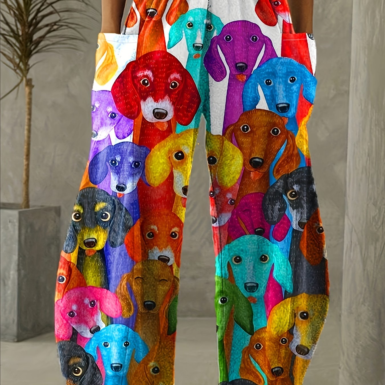 Cartoon Dog Print High Rise Wide Leg Pants Plus Size