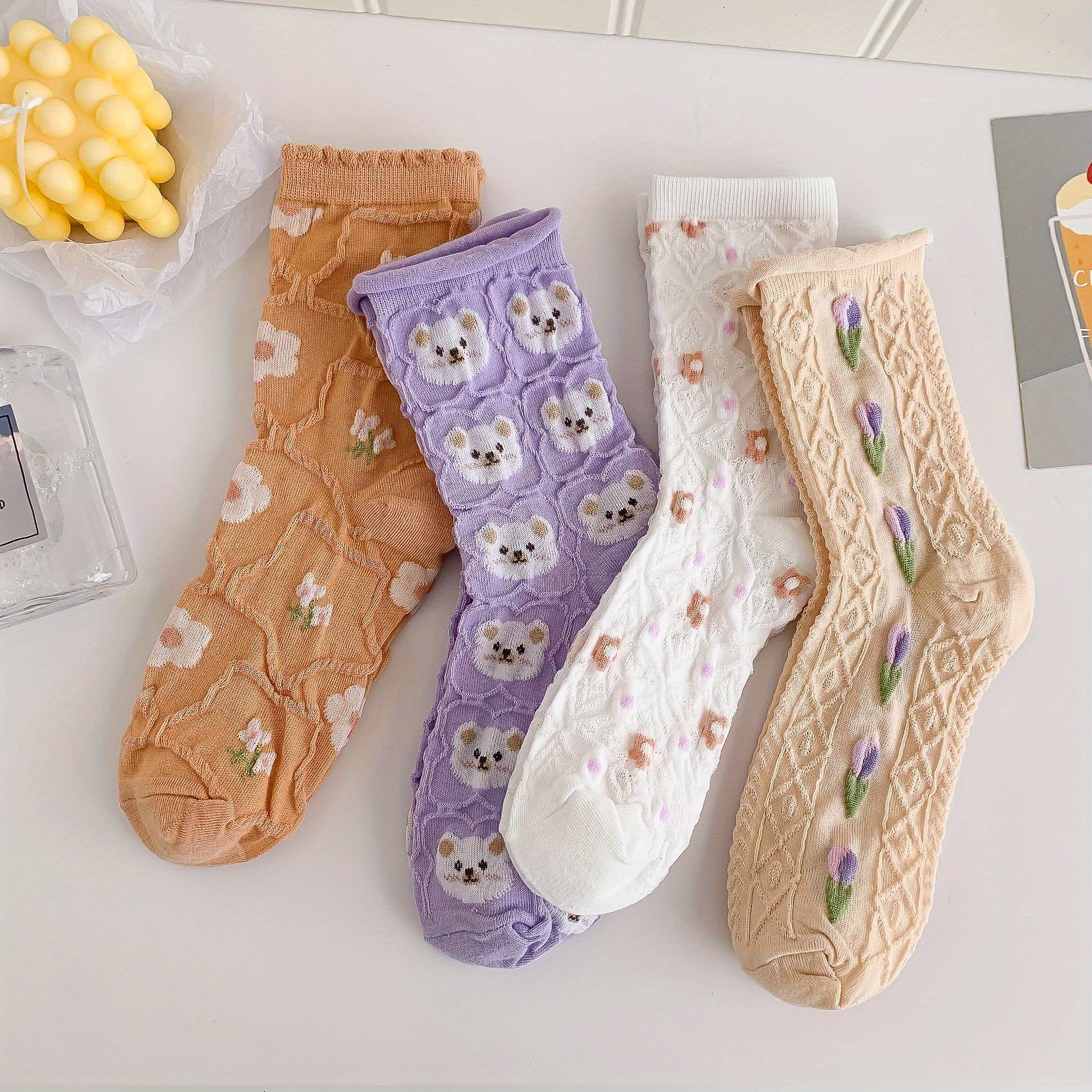 4 Pairs Floral Print Textured Socks Women's Stockings
