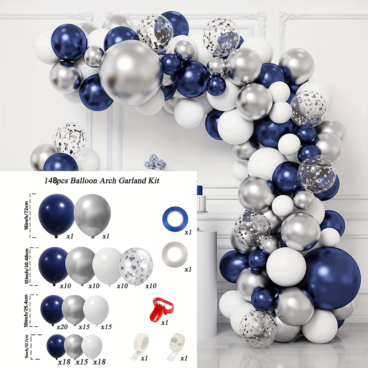 148pcs Navy Silvery Balloon Garland Set with Silvery Ribbon Strip